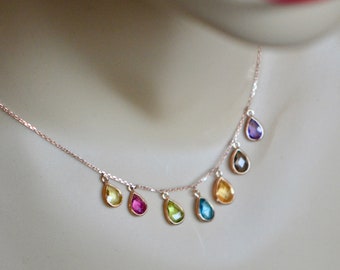 Multigemstone Rose Gold Teardrop Necklace, Citrine Pink Sapphire Peridot Blue Topaz Lemon Quartz Smoky Quartz Amethyst Birthstone Necklace