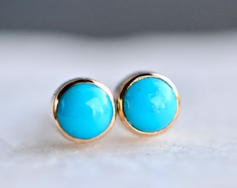 Genuine Sleeping Beauty Turquoise 14k Gold Earrings, Blue Gemstone Stud Earrings, December Birthstone Earrings, Gift for Mom, Everyday Studs