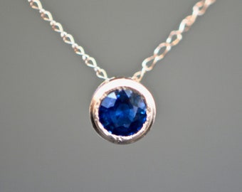 Sapphire Solitaire Necklace 14k Gold, September Birthstone Pendant, Minimalist Blue Gemstone Necklace, Gift for Women, Sapphire Slide