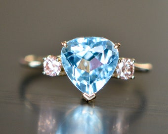 Aquamarine & Pink Diamond 14kt Gold Ring, March Birthstone Jewelry, Blue Teardrop Gemstone Ring, Gift Girlfriend, Solitaire Ring, Gift Women