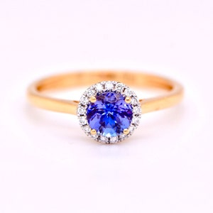 Tanzanite Diamond Halo Ring 14kt Gold Ring, Tanzanite Engagement Ring, December Birthstone Ring, Purple Gemstone Ring, Promise Ring Gift Her