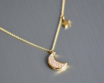 Diamond Moon and Star 14k Solid Gold Necklace, Gold Crescent Necklace, Wedding Gift for Wife, Dainty Minimalist Jewelry, Charm Necklace