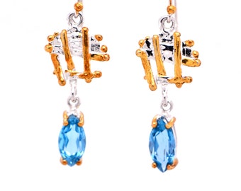 Blue Topaz Earrings, Sterling Silver Gold Dangle Earrings, November Birthstone Earrings, Small Blue Dangly Earrings, Girlfriend Gift Wife