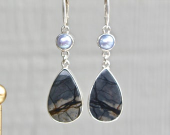 Picasso Marble & Lavender Pearl Dangly Earrings, Sterling Silver Dangly Earrings, June Birthstone Jewelry,  Picasso Black Jasper Drops