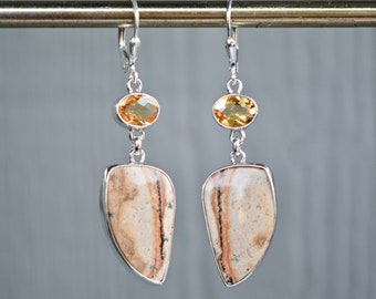 Citrine & Yellow Jasper Earrings, Sterling Silver Dangly Earrings, November Birthstone, Natural Stone Drop Earring, Large Statement Earrings