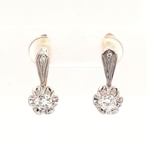 Victorian Diamond 15k Rose / White Gold Earrings Buttercup Setting, Antique Diamond 14k Gold Dangly Leverback Earrings, Earrings for Women