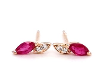 Ruby & Diamond Minimalist Marquise Stud 14k Gold Earrings, July April Birthstone Earrings, Girlfriend Gift, 40th Anniversary Gift for Women