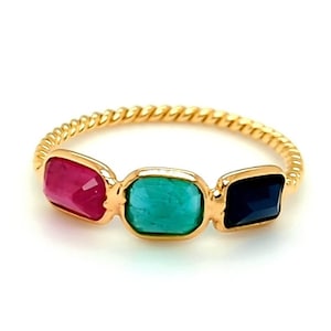 Ruby Emerald Sapphire Ring, Size 6.5 18kt Gold Multi Gemstone Ring, Stacking Ring, Gift for Girlfriend, July May September Birthstone Ring