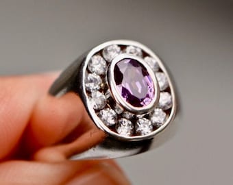 Amethyst CZ Signet Ring, Sterling Silver Ring, Purple Gemstone Ring, Vintage Statement Ring, Women Gift, Girlfriend Gift, Cocktail Ring