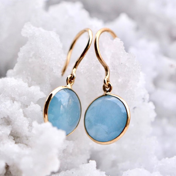 Aquamarine Earrings, 18kt Gold Dangly Earrings, March Birthstone, Round Blue Gemstone Earring, Aquamarine Earrings Gold, Gift for Girlfriend