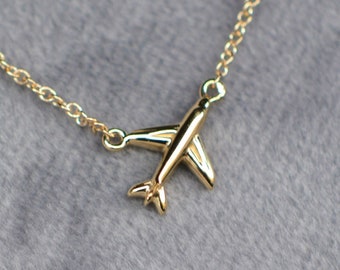 Airplane Necklace 14k Gold, Aviation Jewelry, Aeroplane Necklace, Gift for Pilot, Gift for Air Hostess, Gift for Flight Attendant