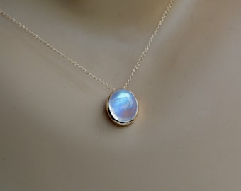 Moonstone Necklace 14k Gold, Blue Oval Moonstone Pendant, Minimalist Necklace, Women Necklace, June Birthstone Jewelry, Wedding Gift for Her