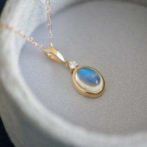 Blue Moonstone Diamond 14k Gold Pendant Necklace, June Birthstone Dainty Pendant,Necklace for Women, Oval Blue Moonstone Jewelry, Gift Women