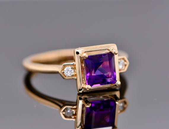 Amethyst Diamond Ring Solid 14k Gold Ring, Februa… - image 4