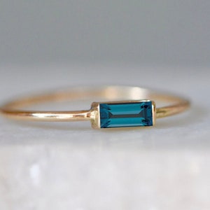 London Blue Topaz Baguette Ring: 14k Gold Minimalist Stacking Ring
