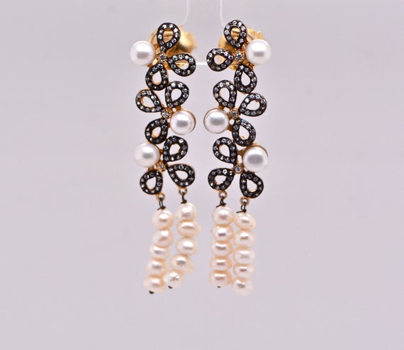 Long Dangly Pearl Earrings Gold Tone, Faux Diamon… - image 3