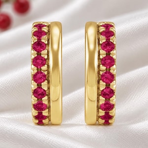 Ruby Hoop Earrings 14K Gold, July Birthstone