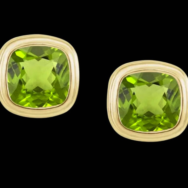 AA アリゾナ ペリドット クッションカット ベゼルセット スタッドピアス 14K ゴールド : 8月の誕生石