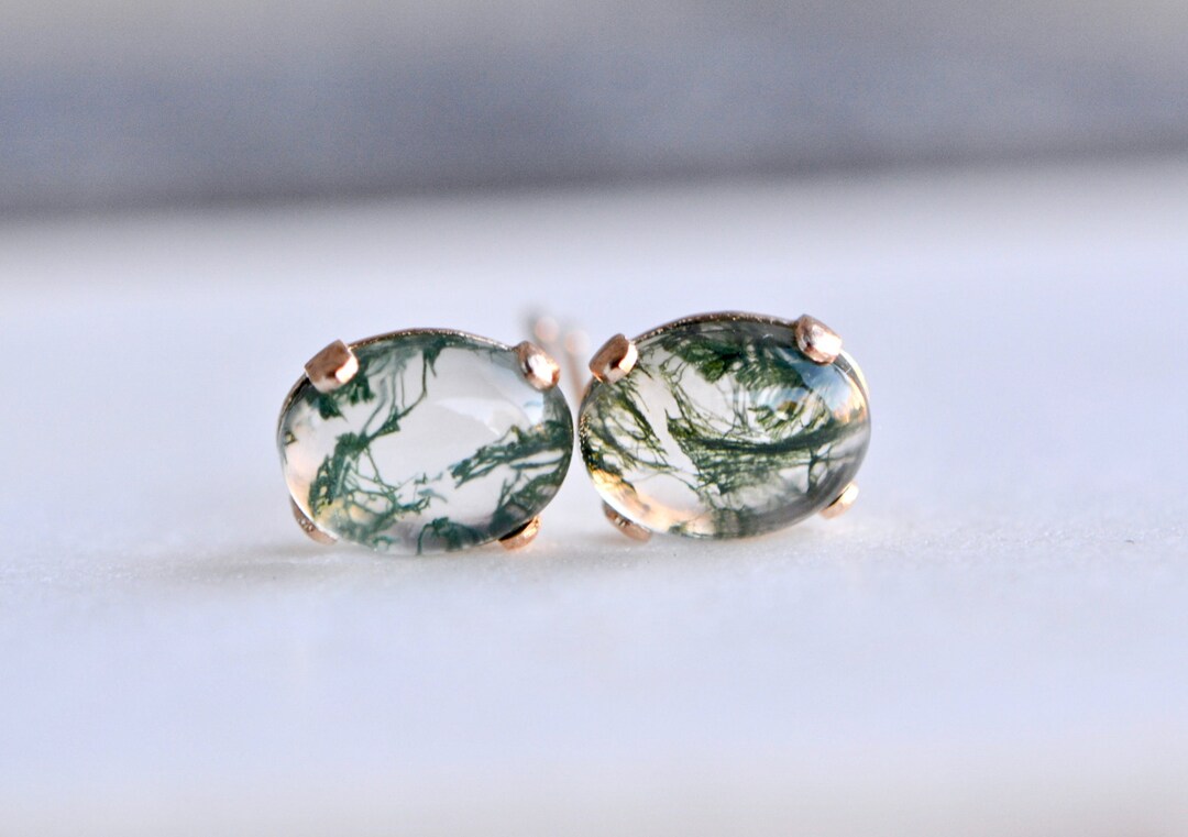 Light Luxury Green Moss Square Water Plants Agate Stud Earrings