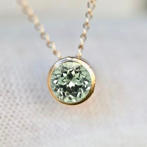 Green Sapphire Solitaire Slide Necklace 14k Gold, October Birthstone Pendant, Minimalist Pale Green Gemstone Necklace, Unique Gift for Women