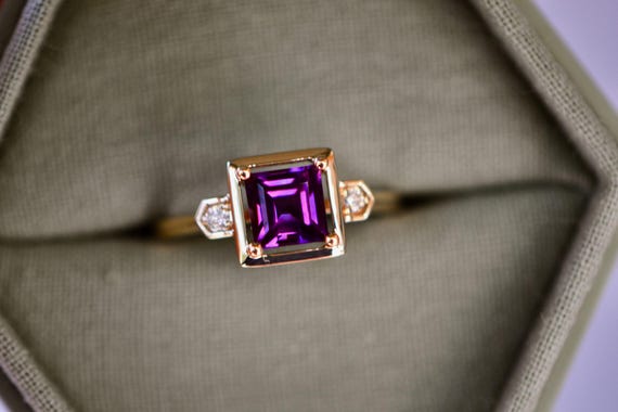 Amethyst Diamond Ring Solid 14k Gold Ring, Februa… - image 2