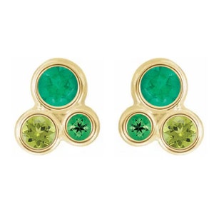 Tsavorite Garnet Emerald & Peridot Birthstone Cluster Earrings, 14k Gold Stud Earrings, Minimalist Earrings,  for WomenGraduation Gifts