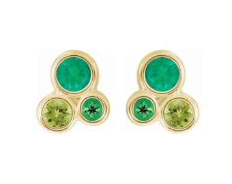 Pendientes de racimo de piedra de nacimiento de granate tsavorita, esmeralda y peridoto, pendientes de oro de 14 k, pendientes minimalistas, para regalos de graduación para mujeres