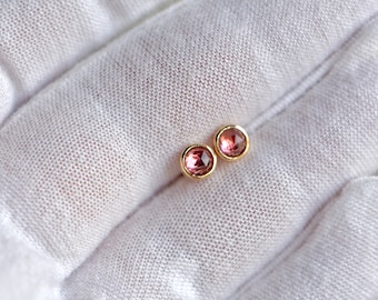 Rosecut Pink Tourmaline Stud Earrings Solid 14kt Gold 4mm : October Birthstone Jewelry