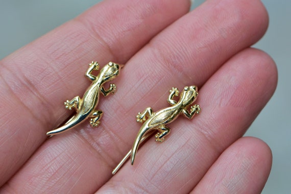 Lizard Earring 14k Gold Dangly Earrings, Gecko Ea… - image 5