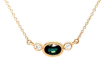 Teal Sapphire from Madagascar & Diamond 14k Gold Necklace : 5th 10th or 45th Anniversary Gift Necklace for Women