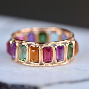 Multigemstone Ring 18k Gold, Rainbow Eternity Band, Peridot Blue Topaz Garnet Amethyst Pink & Indocolite Tourmaline Citrine Rectangular Ring