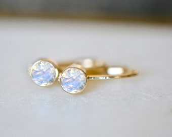 AAA Moonstone Leverback Earrings 14kt Gold, Small Hoop Earrings, June Birthstone Earrings, Girlfriend Gift, Blue Gemstone Drops, Gift Wife