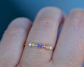 Minimalist Sapphire Ruby Opal & Diamond 14k Gold Dainty Ring : July August September Birthstones