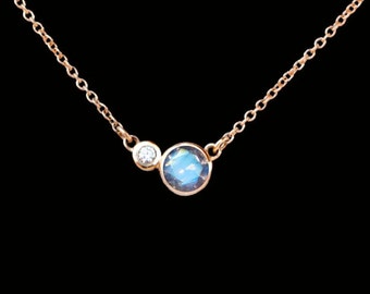 Blue Moonstone & Diamond 14k Gold Layering Necklace, June Birthstone Dainty Necklace for Women, Everyday Necklace, Valentine Gift for Women