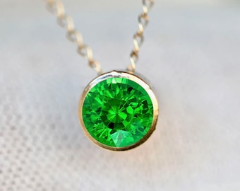 Tsavorite Garnet Solitaire Slide Necklace 14k Gold, January Birthstone Pendant, Everyday Minimalist Green Gemstone Necklace, Gift for Women