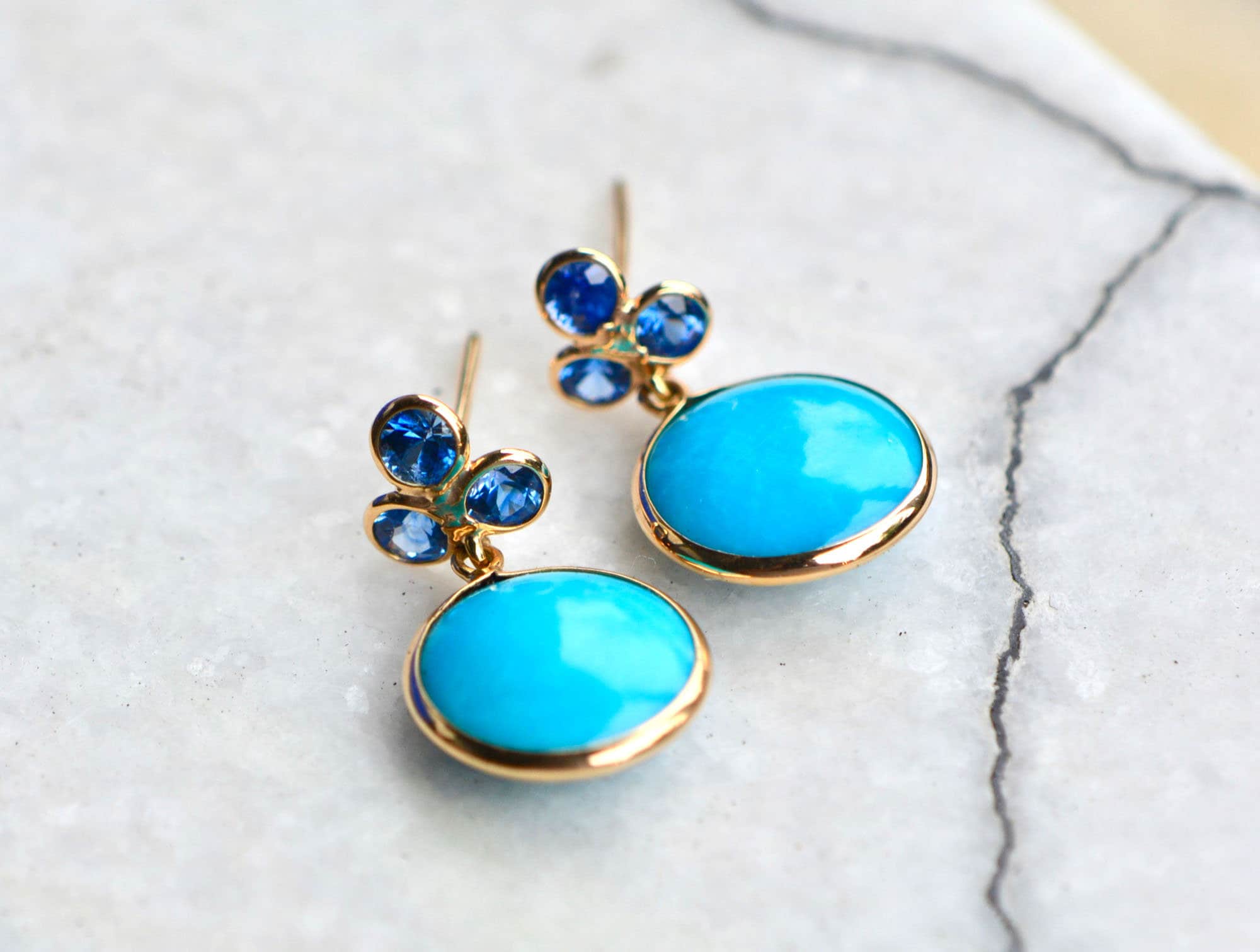 Turquoise Sapphire 18k Gold Earrings, Dainty Dangly Turquoise Earrings, Blue Gemstone Earrings, December September Birthstone Jewelry Gift
