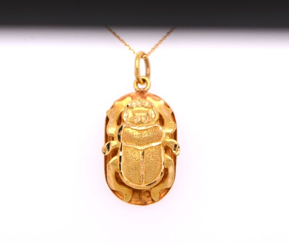 Scarab Necklace 18k Gold, Vintage Egyptian Beetle… - image 4