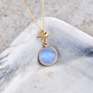 North Star Blue Moonstone Necklace Solid 14k Gold, June Birthstone Pendant, Layering Necklace for Women, Gifts for Her, Celestial Necklace