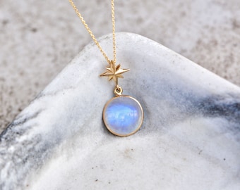 North Star Blue Moonstone Necklace Solid 14k Gold, June Birthstone Pendant, Layering Necklace for Women, Gifts for Her, Celestial Necklace