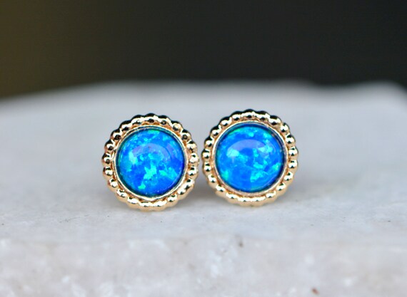 Blue Opal Lab Gold Filled Round Stud Earrings: October Birthstone Jewelry