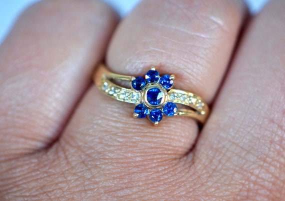 Sapphire Diamond Ring 14kt Gold,  Floral Sapphire… - image 3