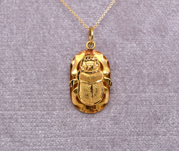 Scarab Necklace 18k Gold, Vintage Egyptian Beetle… - image 3