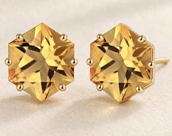 Citrin-Sechseck-Ohrstecker aus massivem 14-karätigem Gold: Geburtsstein-Schmuck für November