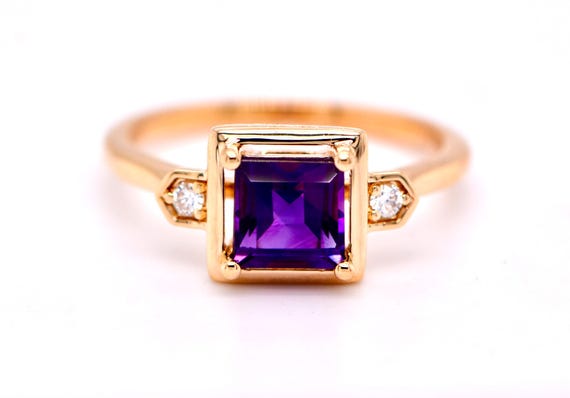Amethyst Diamond Ring Solid 14k Gold Ring, Februa… - image 3
