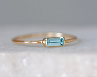 Aquamarine Baguette Solid 14k Gold Ring, March Birthstone Ring, Blue Gemstone Promise Ring, Art Deco Dainty Stacking Ring, Blue Gemstone