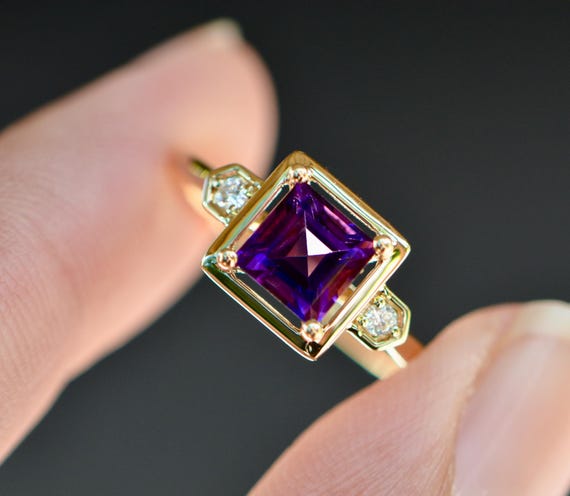 Amethyst Diamond Ring Solid 14k Gold Ring, Februa… - image 6