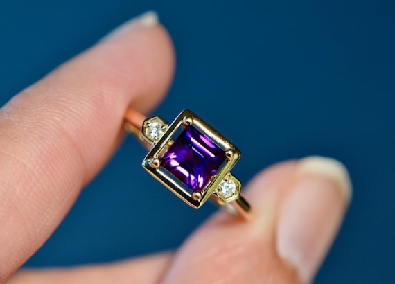 Amethyst Diamond Ring Solid 14k Gold Ring, Februa… - image 8