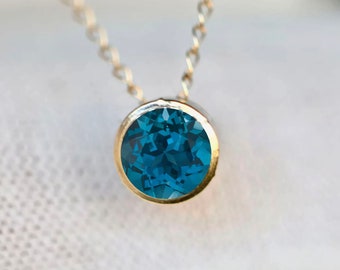 London Blue Topaz Solitaire Necklace 14k Gold, November Birthstone Pendant, Minimalist Blue Gemstone Necklace, Gift Her, Everyday Necklace