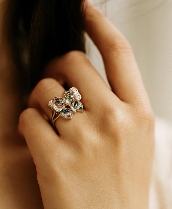 Multigemstone Butterfly Statement Ring 14k Gold, … - image 6