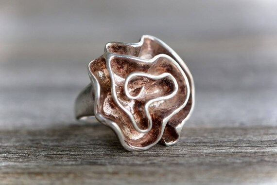 Rustic Boho Large Floral Sterling Silver Ring, Ch… - image 1